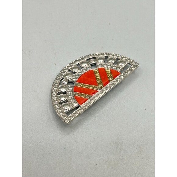 Art Deco Inspired Vintage Brooch Red Enamel Silver Tone Semi Circle Pin - Picture 4 of 6